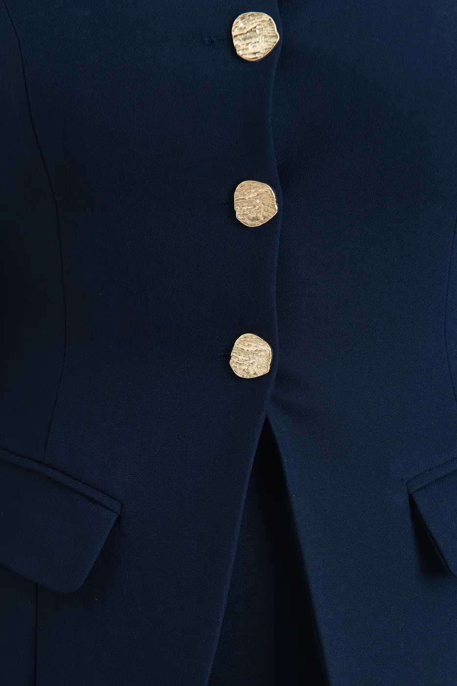 Bayan Lacivert Düğmeli  Yakasız Blazer Ceket