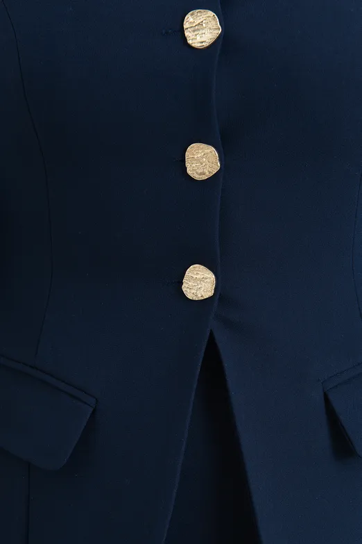 Bayan Lacivert Düğmeli  Yakasız Blazer Ceket - BSL
