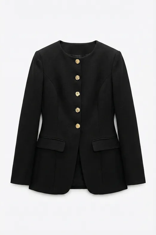 Bayan Siyah Düğmeli  Yakasız Blazer Ceket - BSL