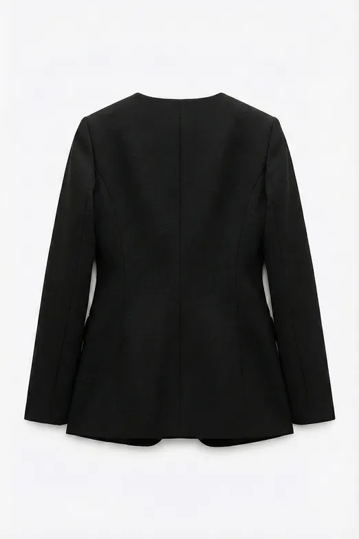 Bayan Siyah Düğmeli  Yakasız Blazer Ceket - BSL