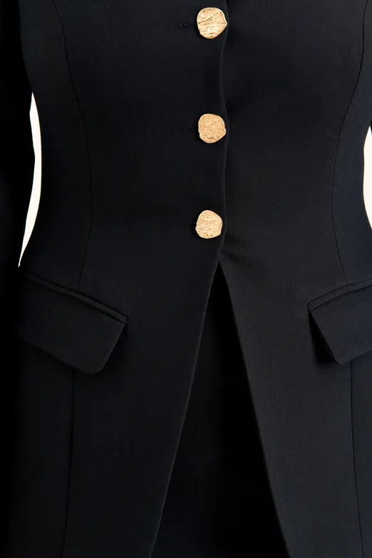 Bayan Siyah Düğmeli  Yakasız Blazer Ceket - BSL