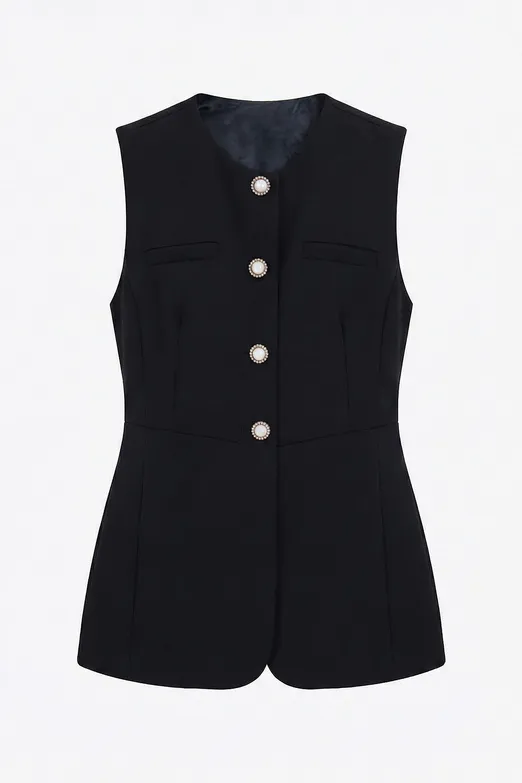 Bayan Siyah Düğmeli Fit Yelek - BSL