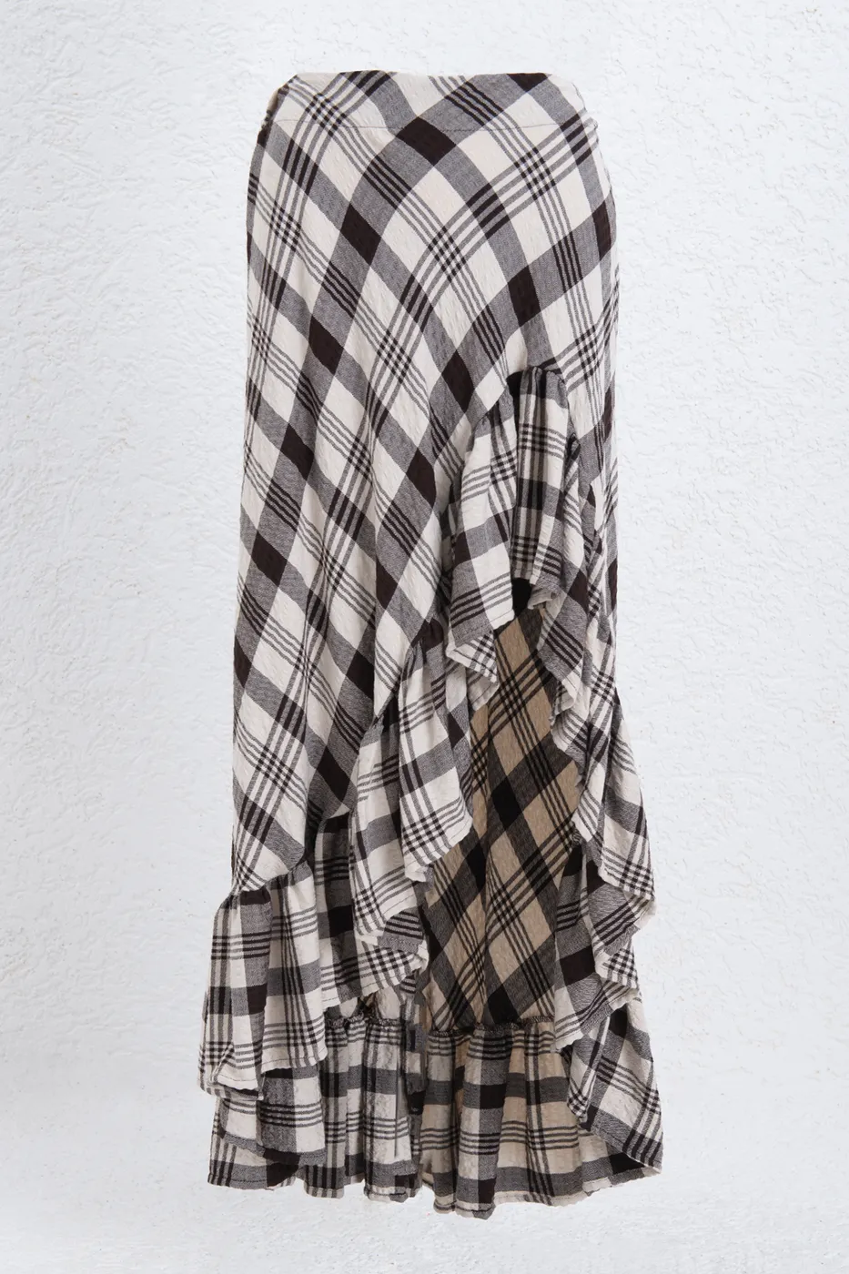 Bayan Kahverengi Ekoseli Asimetrik Fırfırlı  Midi Etek