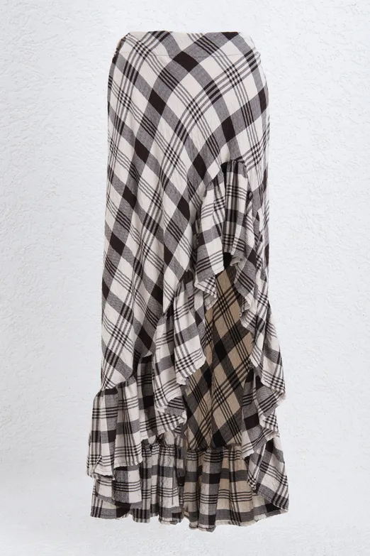 Bayan Kahverengi Ekoseli Asimetrik Fırfırlı  Midi Etek - BSL