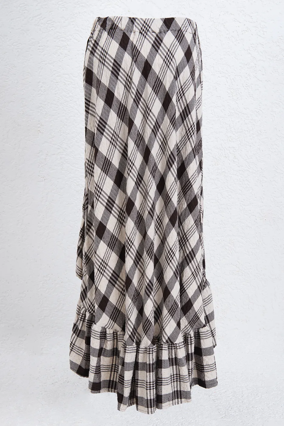 Bayan Kahverengi Ekoseli Asimetrik Fırfırlı  Midi Etek