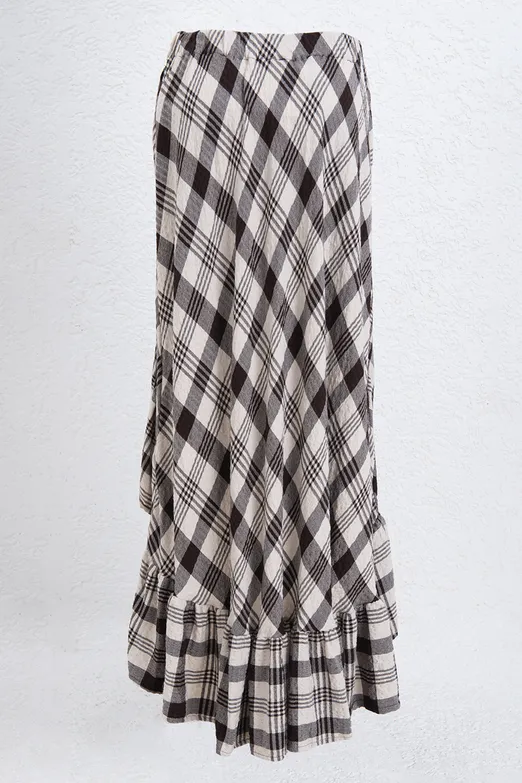 Bayan Kahverengi Ekoseli Asimetrik Fırfırlı  Midi Etek - BSL