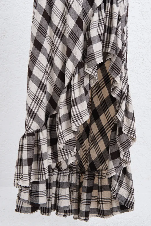 Bayan Kahverengi Ekoseli Asimetrik Fırfırlı  Midi Etek - BSL