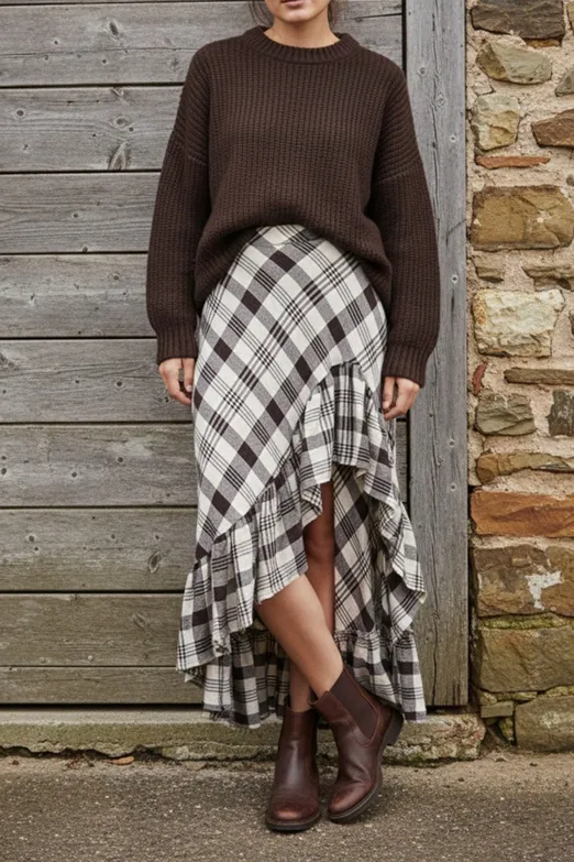 Bayan Kahverengi Ekoseli Asimetrik Fırfırlı  Midi Etek - BSL