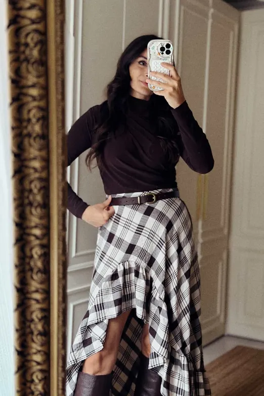 Bayan Kahverengi Ekoseli Asimetrik Fırfırlı Midi Etek - BSL