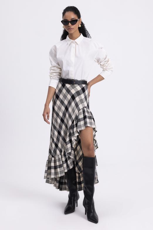 Ekoseli Asimetrik Fırfırlı  Midi Etek