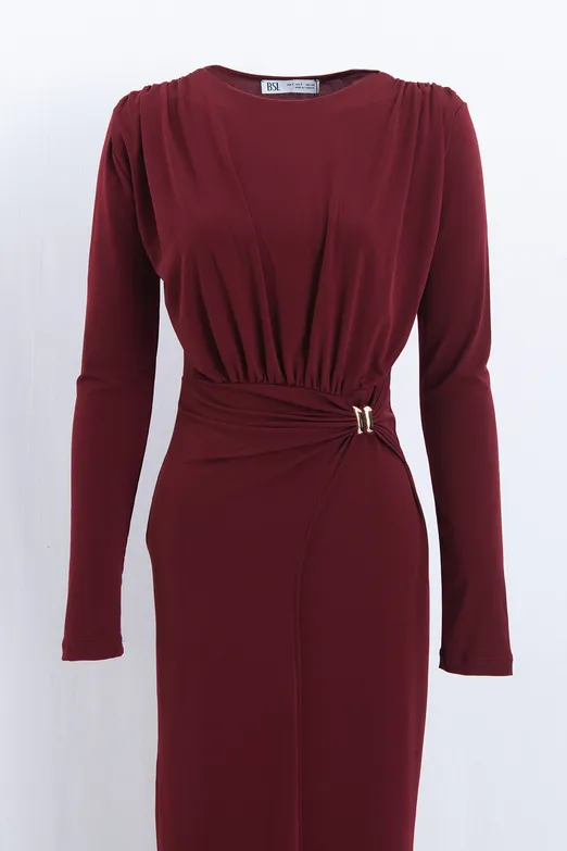 Bayan Bordo Toka Detaylı Midi Elbise - BSL