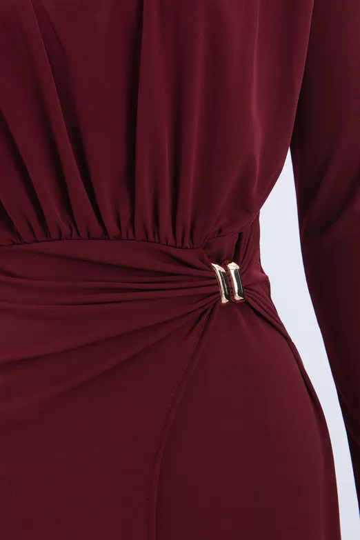 Bayan Bordo Toka Detaylı Midi Elbise - BSL
