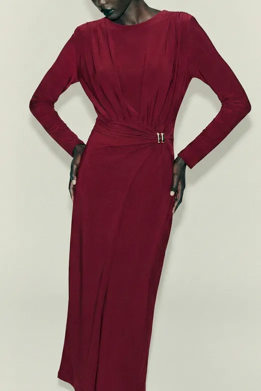 Bayan Bordo Toka Detaylı Midi Elbise - BSL