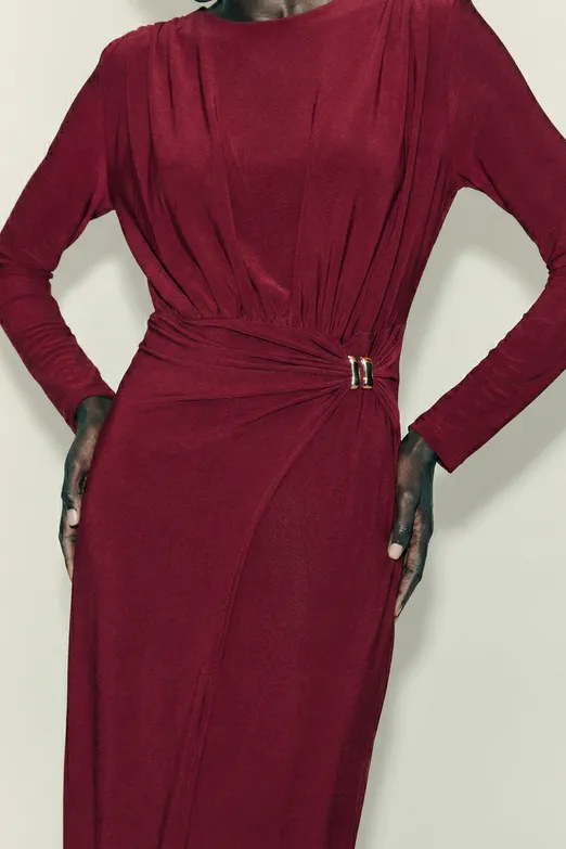 Bayan Bordo Toka Detaylı Midi Elbise - BSL