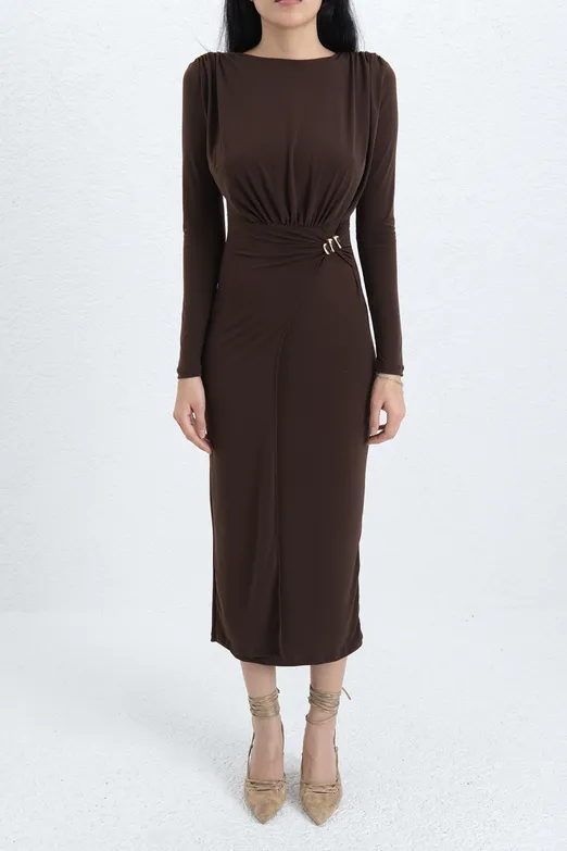 Bayan Kahverengi Toka Detaylı Midi Elbise - BSL