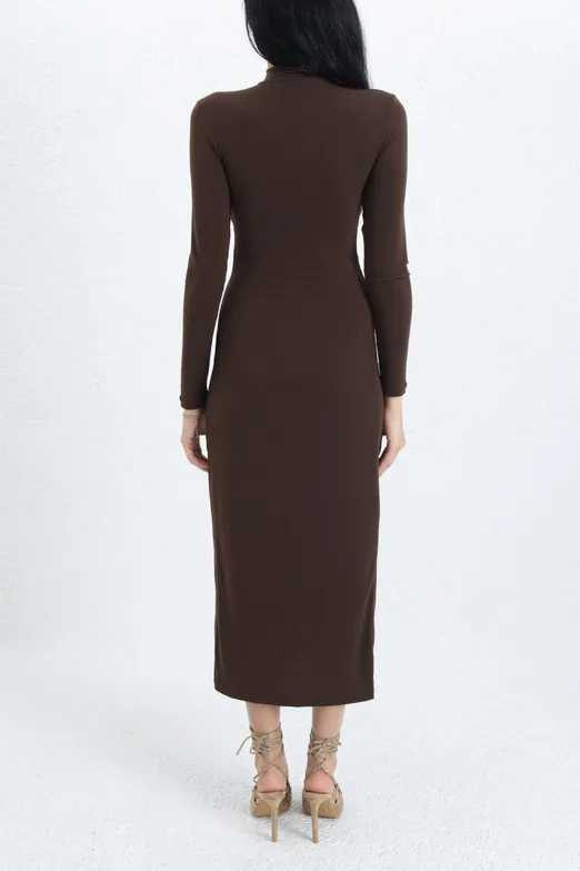 Bayan Kahverengi Toka Detaylı Midi Elbise - BSL