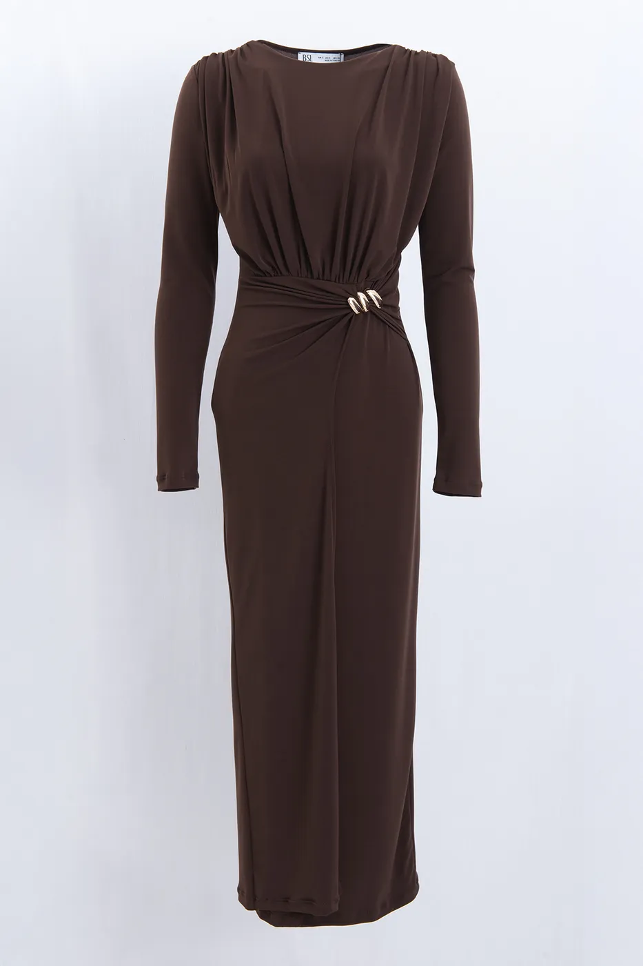 Bayan Kahverengi Toka Detaylı Midi Elbise