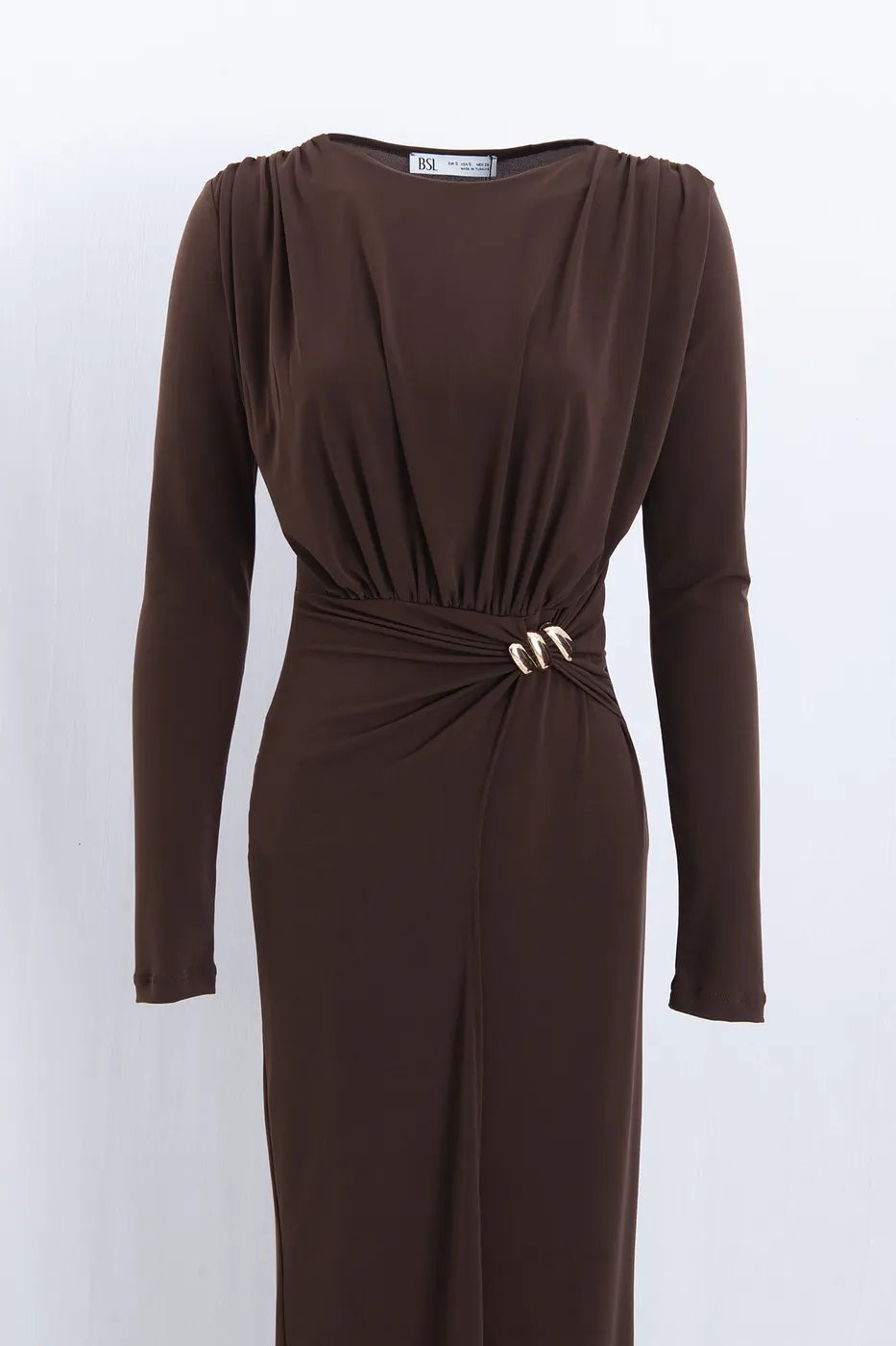 Bayan Kahverengi Toka Detaylı Midi Elbise
