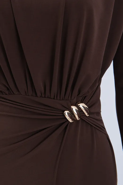 Bayan Kahverengi Toka Detaylı Midi Elbise - BSL