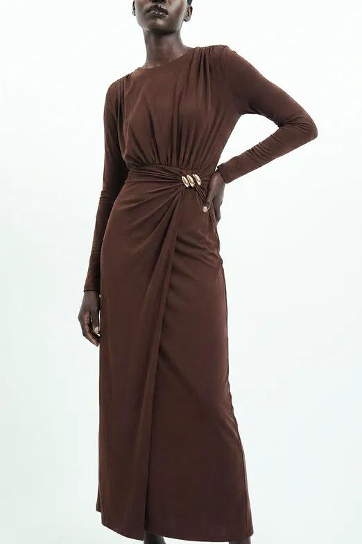 Bayan Kahverengi Toka Detaylı Midi Elbise - BSL