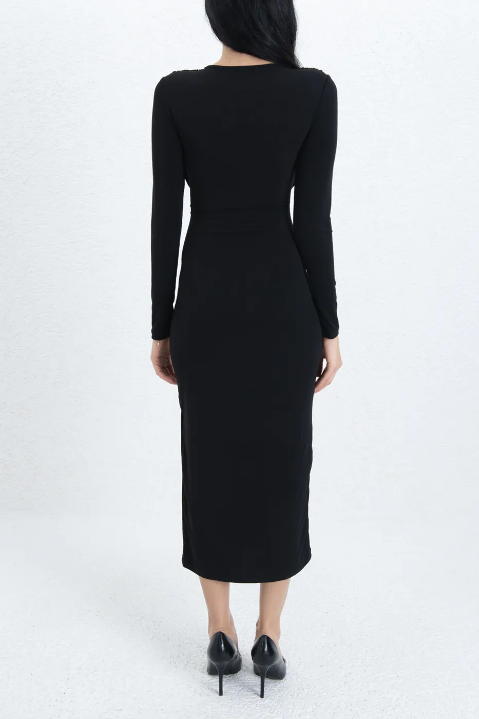 Bayan Siyah Toka Detaylı Midi Elbise