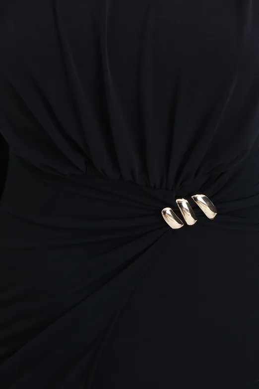 Bayan Siyah Toka Detaylı Midi Elbise - BSL