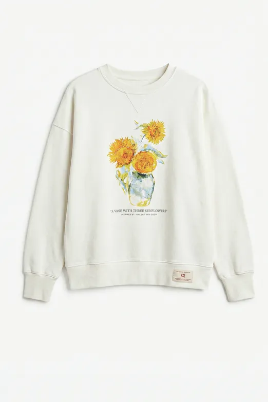 Bayan Ekru Baskılı Basic Sweatsirt - BSL