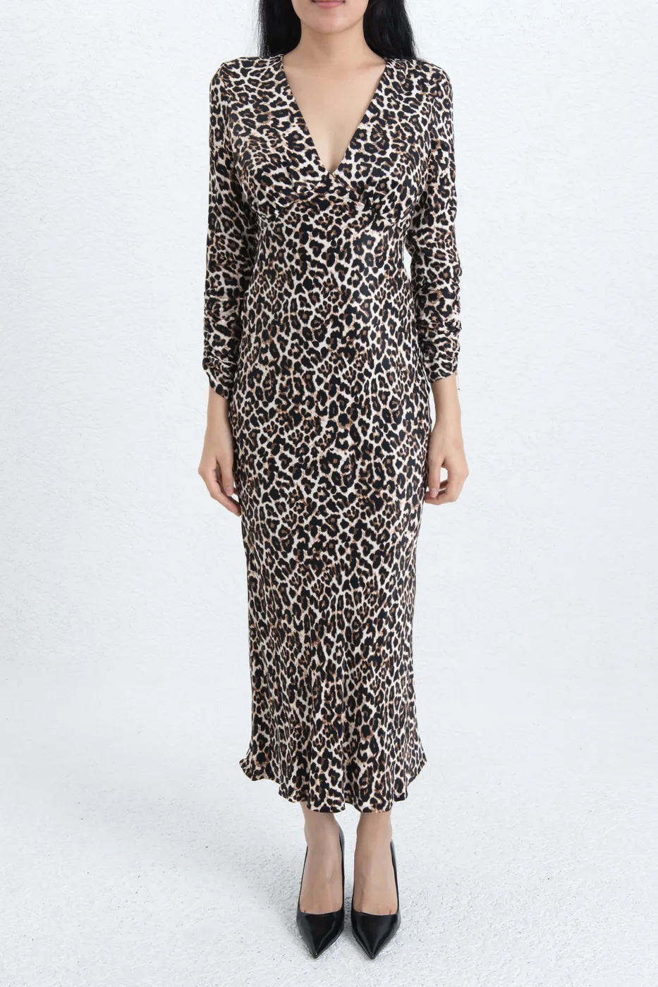 Bayan Kahverengi Leopar Saten Midi Elbise