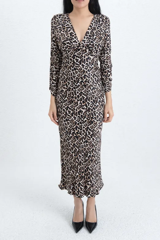 Bayan Kahverengi Leopar Saten Midi Elbise - BSL