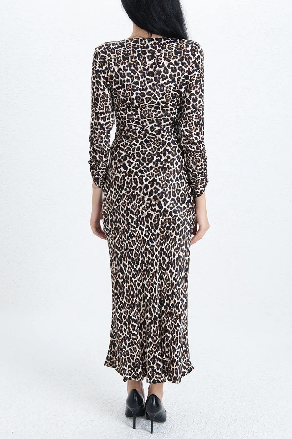 Bayan Kahverengi Leopar Saten Midi Elbise