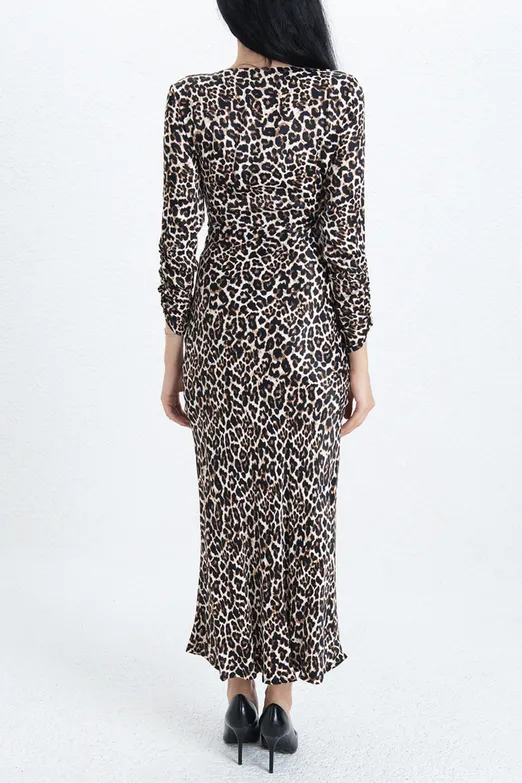Bayan Kahverengi Leopar Saten Midi Elbise - BSL
