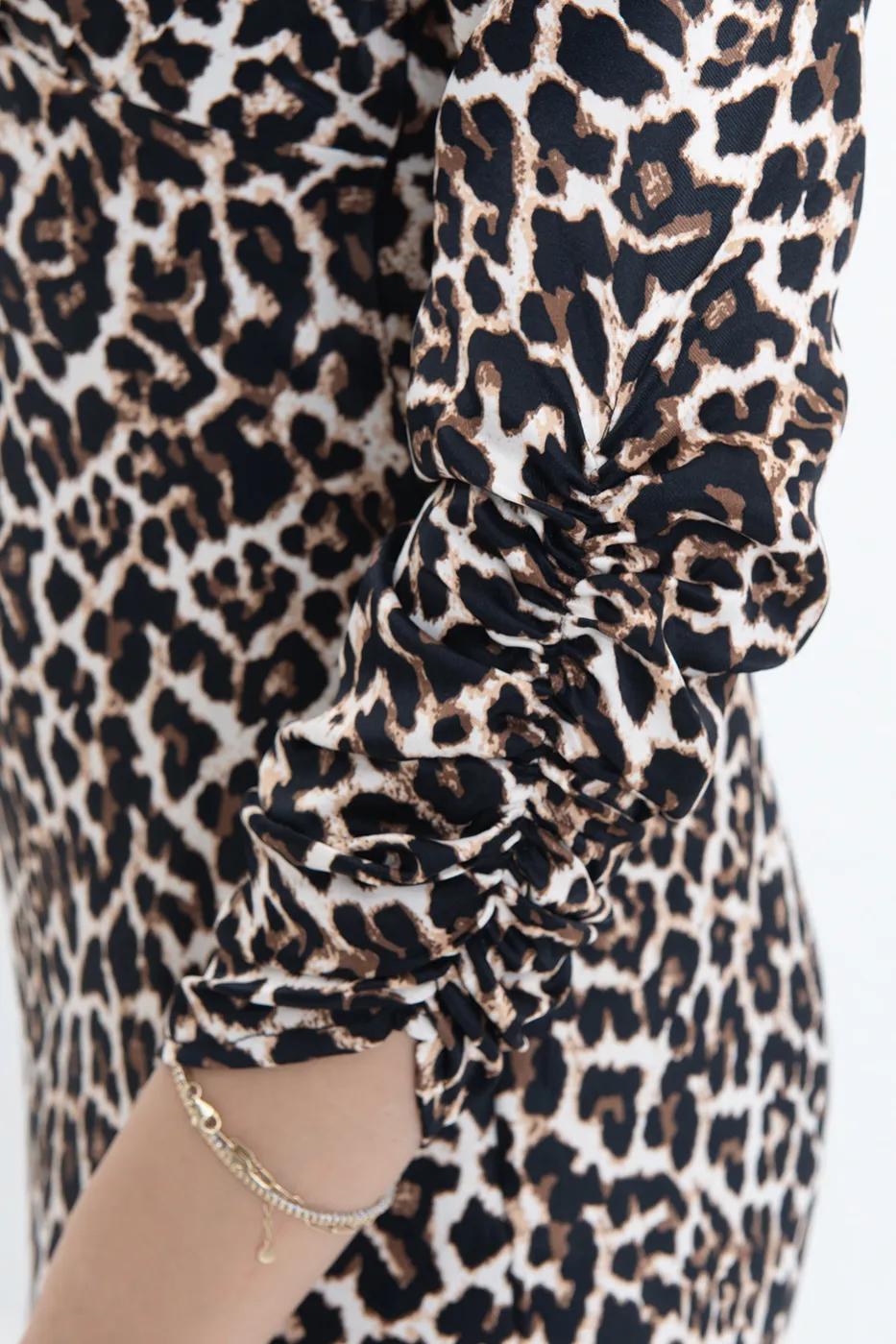 Bayan Kahverengi Leopar Saten Midi Elbise