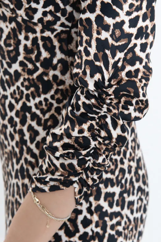 Bayan Kahverengi Leopar Saten Midi Elbise - BSL