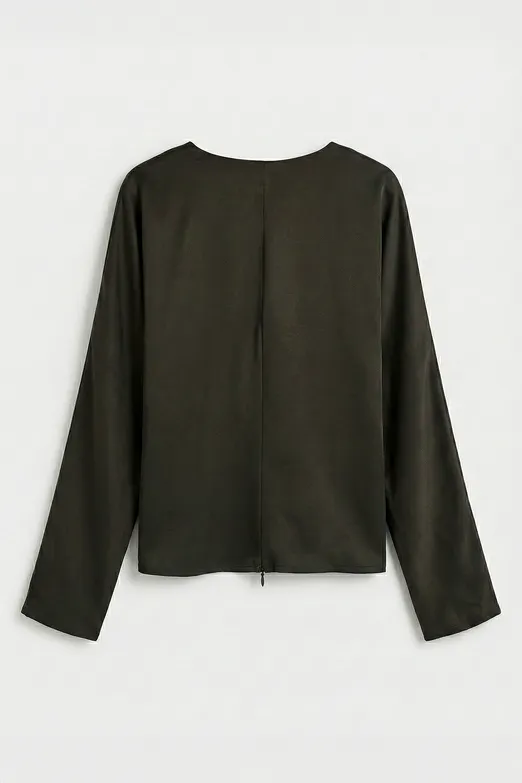 Bayan Haki Kruvaze Yaka Saten Bluz - BSL