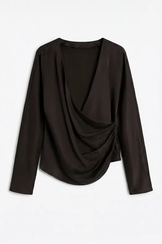 Bayan Kahverengi Kruvaze Yaka Saten Bluz - BSL