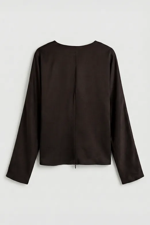 Bayan Kahverengi Kruvaze Yaka Saten Bluz - BSL