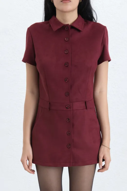 Bayan Bordo Süet Görünümlü Mini Düğmeli Elbise - BSL