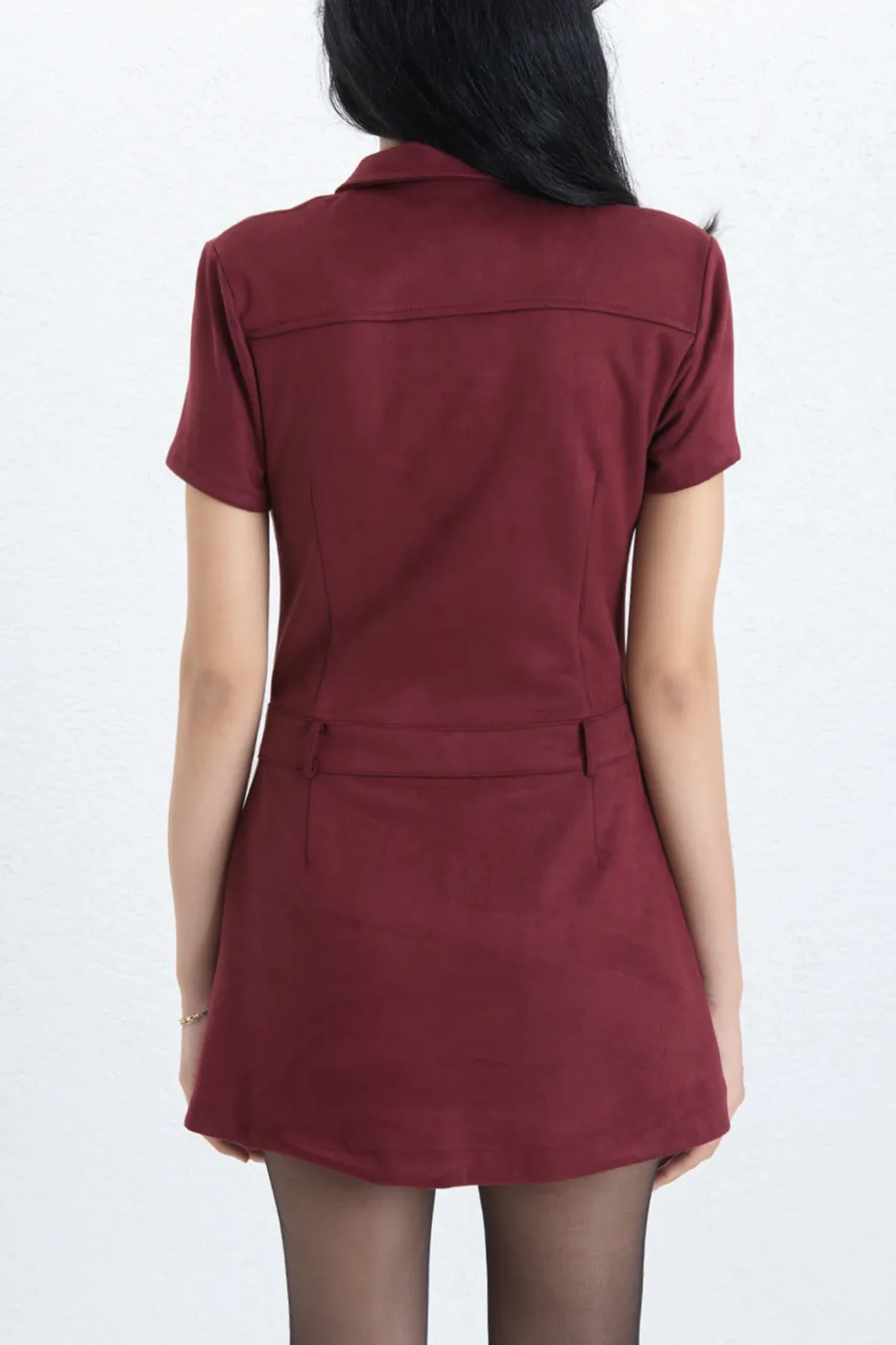 Bayan Bordo Süet Görünümlü Mini Düğmeli Elbise