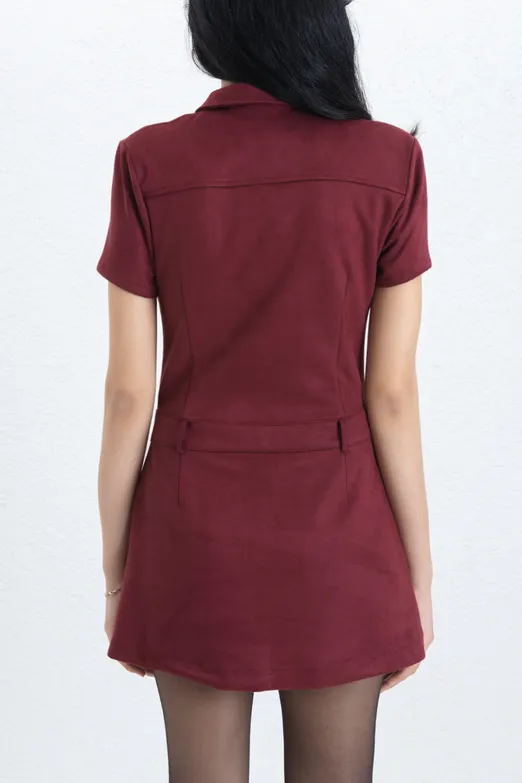 Bayan Bordo Süet Görünümlü Mini Düğmeli Elbise - BSL