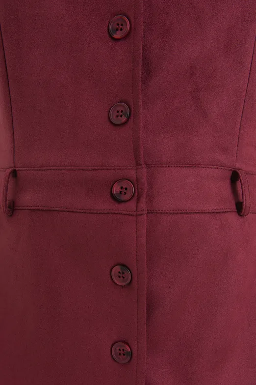 Bayan Bordo Süet Görünümlü Mini Düğmeli Elbise - BSL