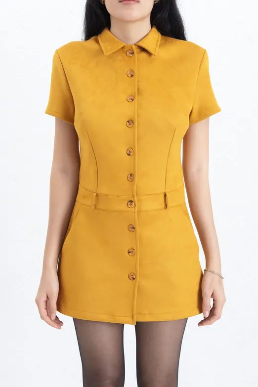 Bayan Hardal Süet Görünümlü Mini Düğmeli Elbise - BSL