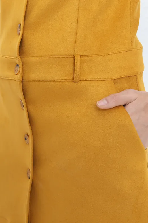 Bayan Hardal Süet Görünümlü Mini Düğmeli Elbise - BSL