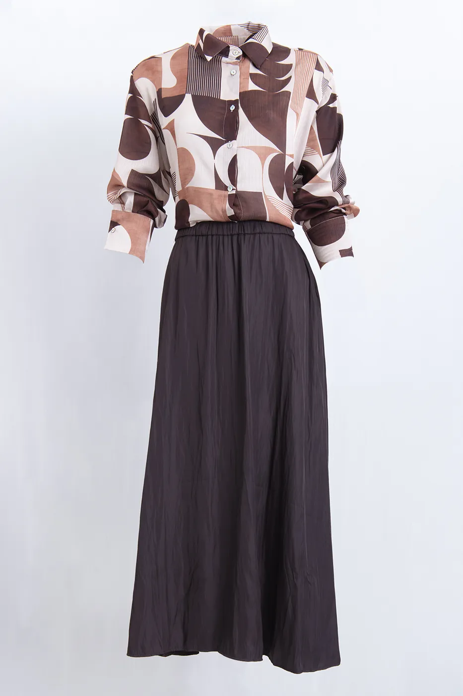 Bayan Kahverengi Kraşlı Saten Midi Etek