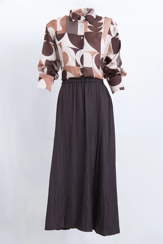 Bayan Kahverengi Kraşlı Saten Midi Etek - BSL