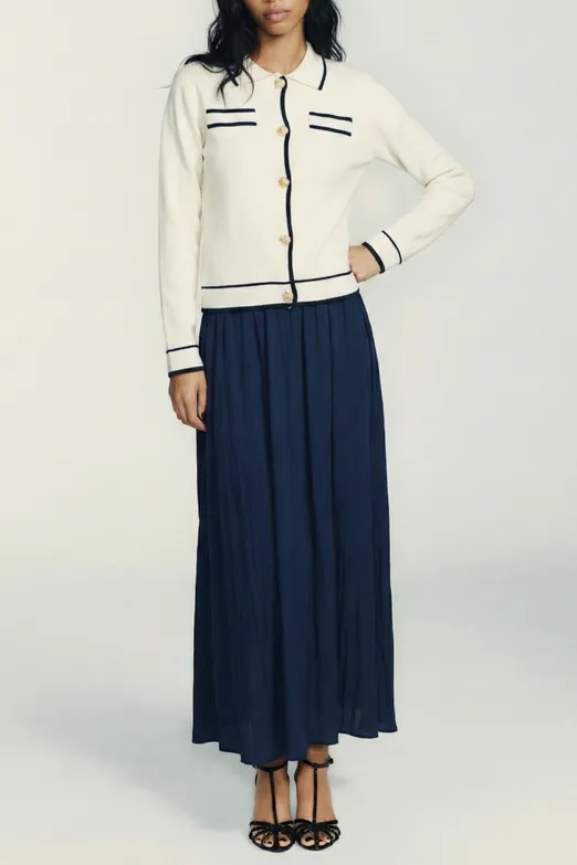 Bayan Lacivert Kraşlı Saten Midi Etek - BSL