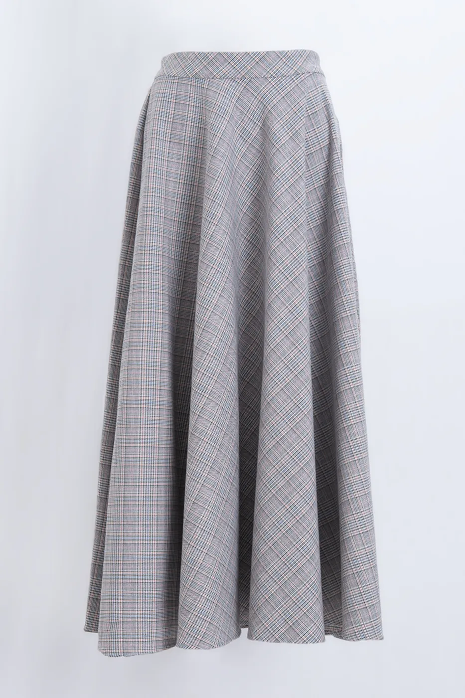 Bayan Ekru Ekoseli Kloş Midi Etek