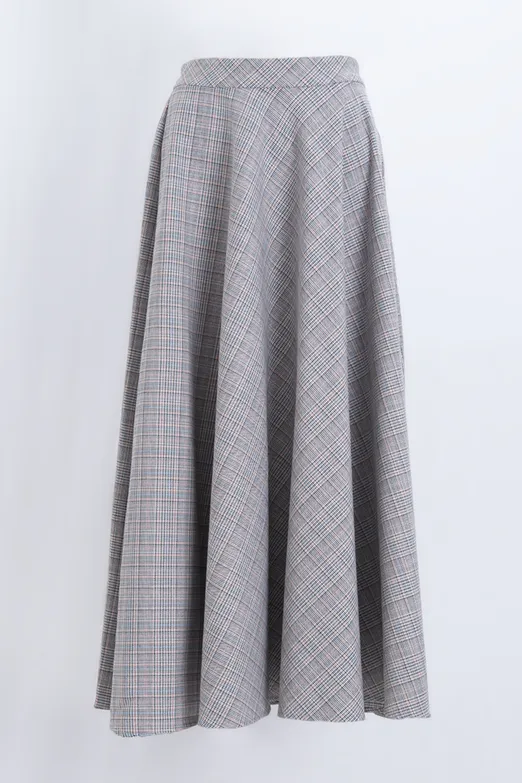 Bayan Ekru Ekoseli Kloş Midi Etek - BSL