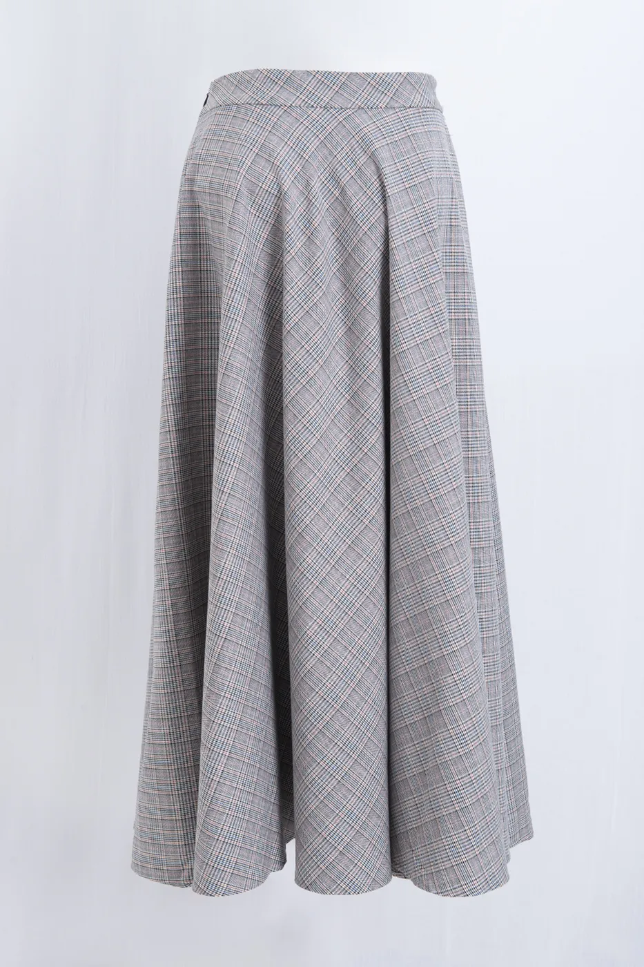 Bayan Ekru Ekoseli Kloş Midi Etek