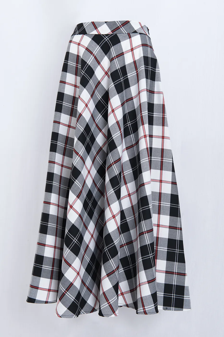 Bayan Siyah Ekoseli Kloş Midi Etek