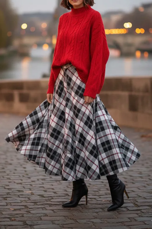 Bayan Siyah Ekoseli Kloş Midi Etek - BSL